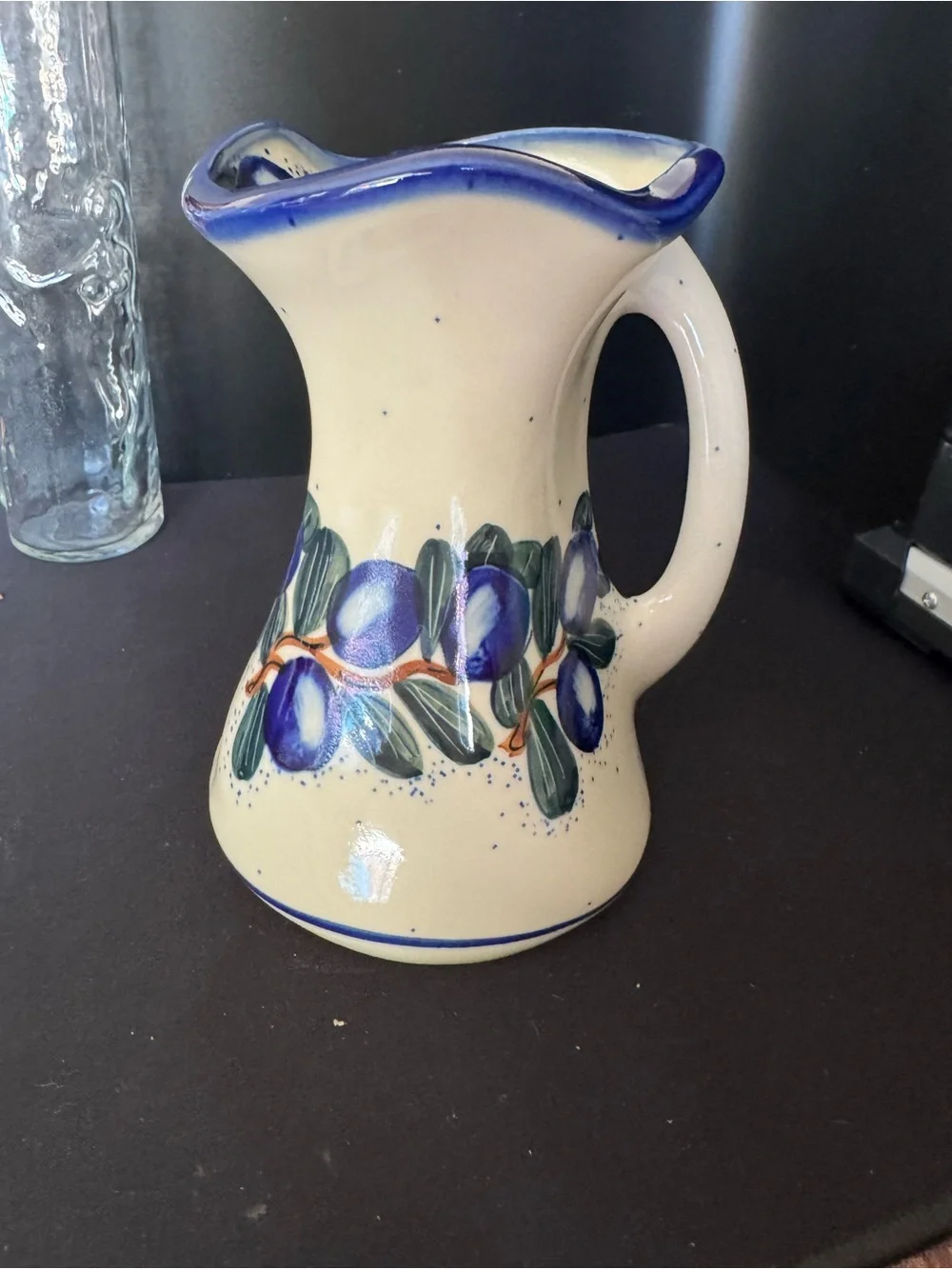 Unikat Polish Pottery Pitcher Cream with Blue Grape Vines